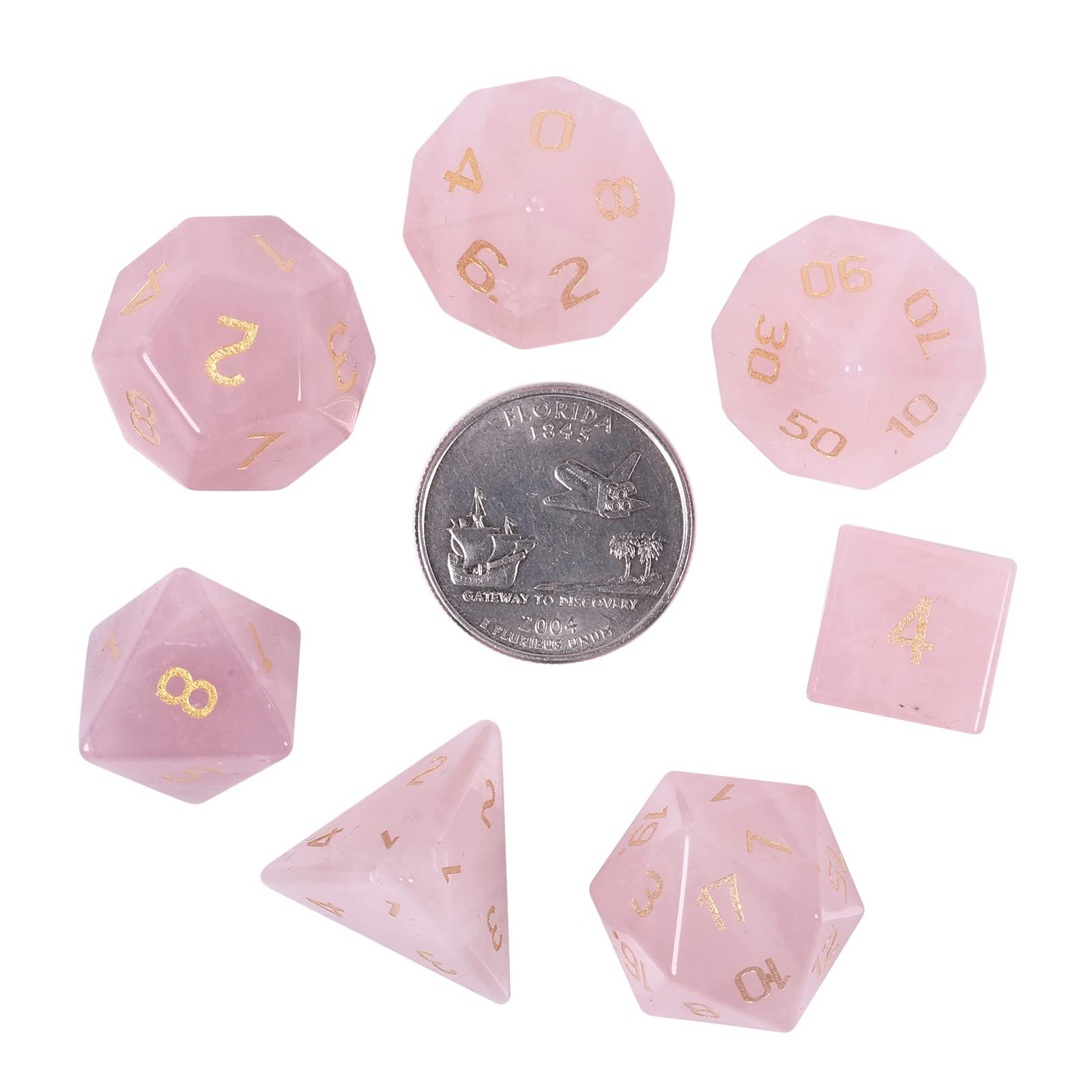 KYEYGWO Rosenquarz Kristall Polyedrische Würfel Set, 7pcs Reiki Heilung Stein Polyedrischer Spielwürfel für Dungeons und Dragons RPG DND Dice Tischkartenspiele Brettspielwürfel