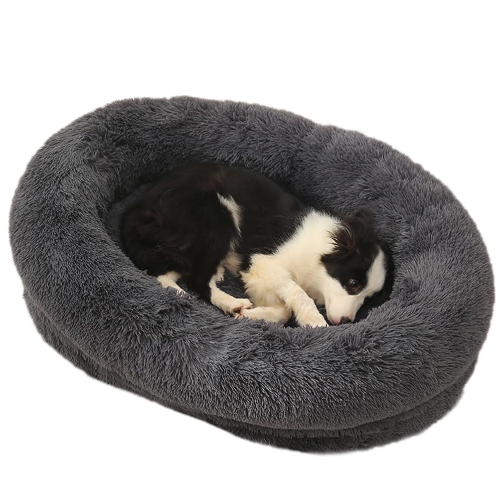 ZHULONGRUSHUI Soft Dog Bed,Fluffy Calming Pet Bed with Removable,Washable Cover,Anti Anxiety Dog Beds,Pet Pillow Cushion,Oval Plush Dog Bed for Small/Medium/Large (90x65cm,Dark Grey)