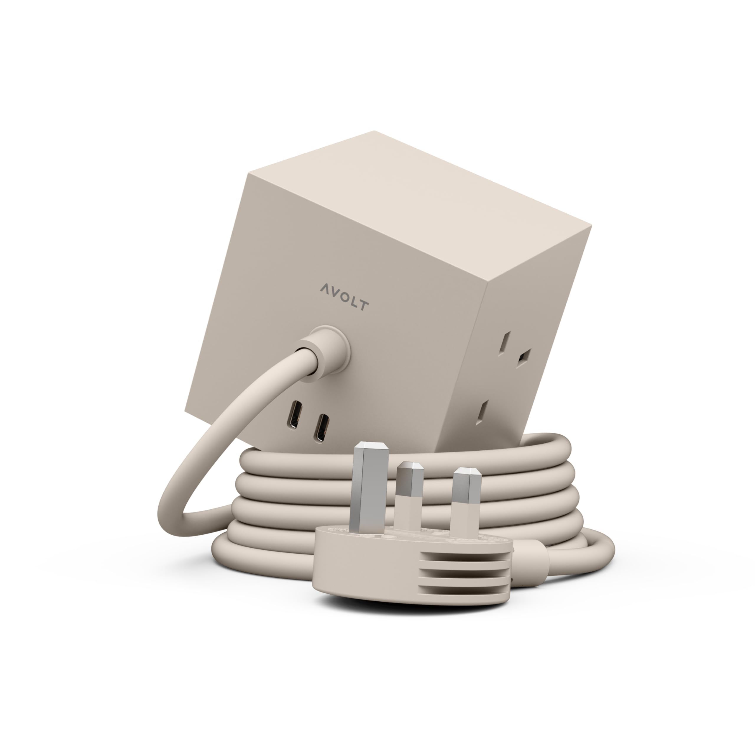Avolt Square 1 Magnetic Extension Lead Cube with USB-C – Design Power Cube with 3 UK Sockets, 2 USB-C Ports & 1.8 m Cable – Modern Desk Extension Lead for Home, Office & Workspaces (Nomad Sand)