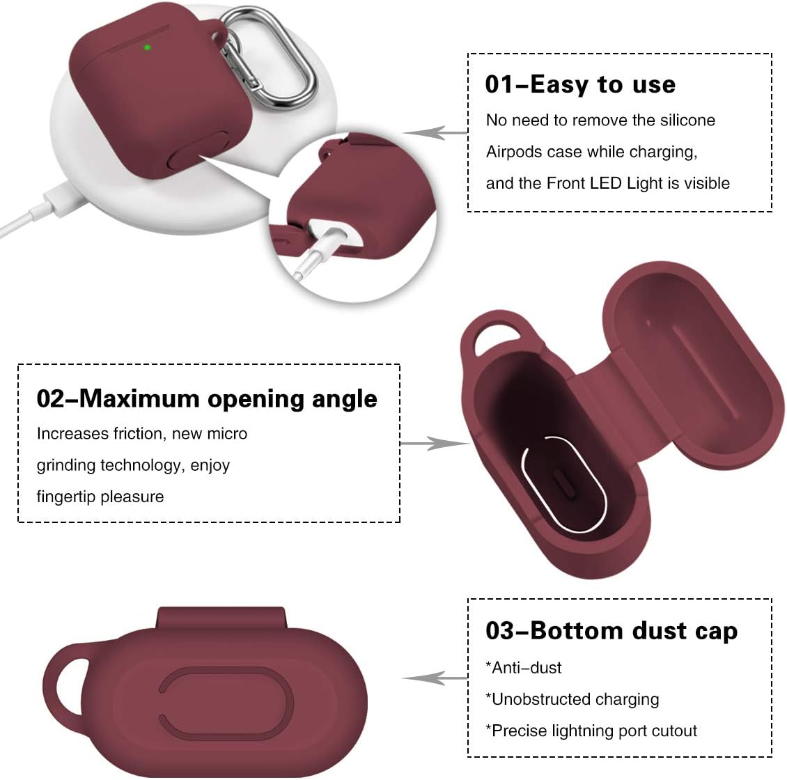 GEAK for AirPods Case, (Front LED Visible), Shockproof Protective Silicone Case Cover with Keychain Compatible for Apple AirPods 1 & 2 Wireless Charging Case, Wine Red/Milk Yellow/Navy Blue