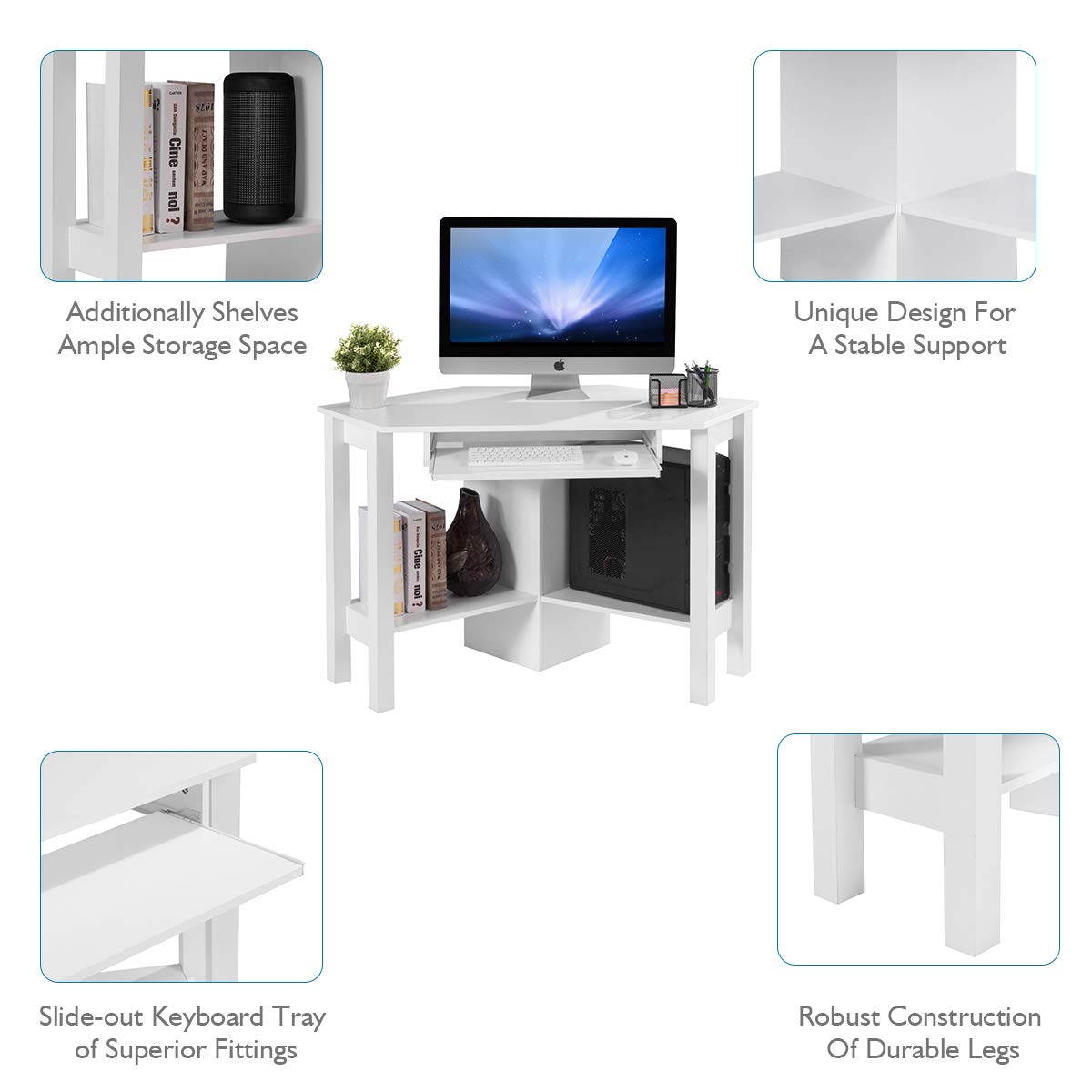 Tangkula White Corner Desk, Corner Computer Desk with Smooth Keyboard
