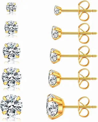 5 Pairs Stud Earrings Set, Hypoallergenic Cubic Zirconia 316L Earrings Stainless Steel CZ Earrings 3-8mm, Rose Gold
