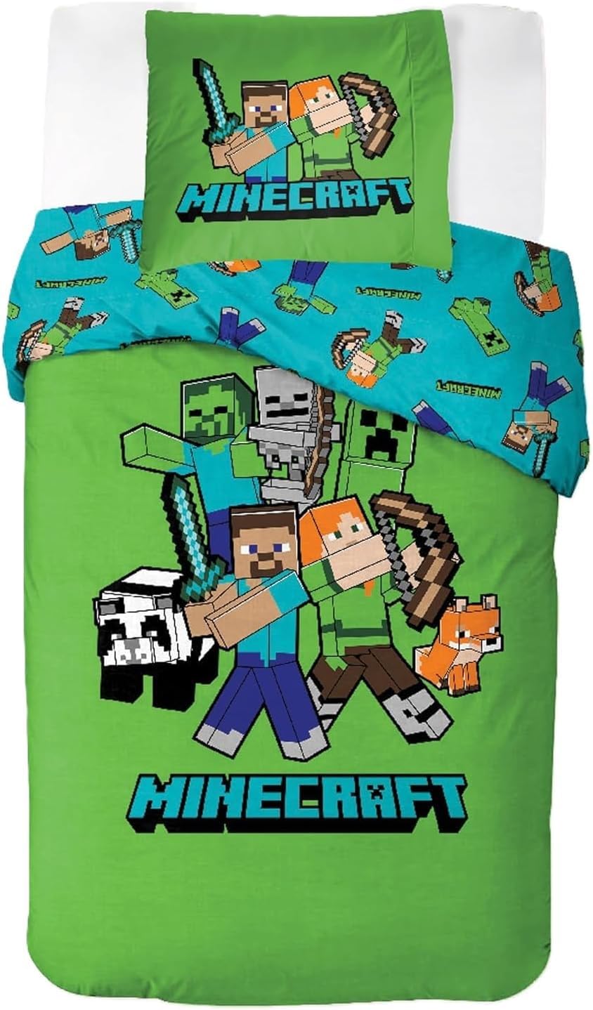 Minecraft Bedlinen Single Size | Duvet Cover 140x200 cm + Pillowcase 50x70 cm, 100% Cotton | Soft, Colorful & Reversible Bedding Set for Kids | Minecraft ''Classic'' Design