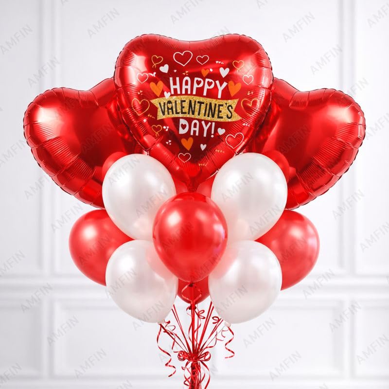 Image of AMFIN (Pack of 9) Happy Valentine's Day Balloon Decoration Set | Romantic Heart Foil Bouquet Metallic Helium Bunch Proposal Anniversary Celebration Party Decor - Red