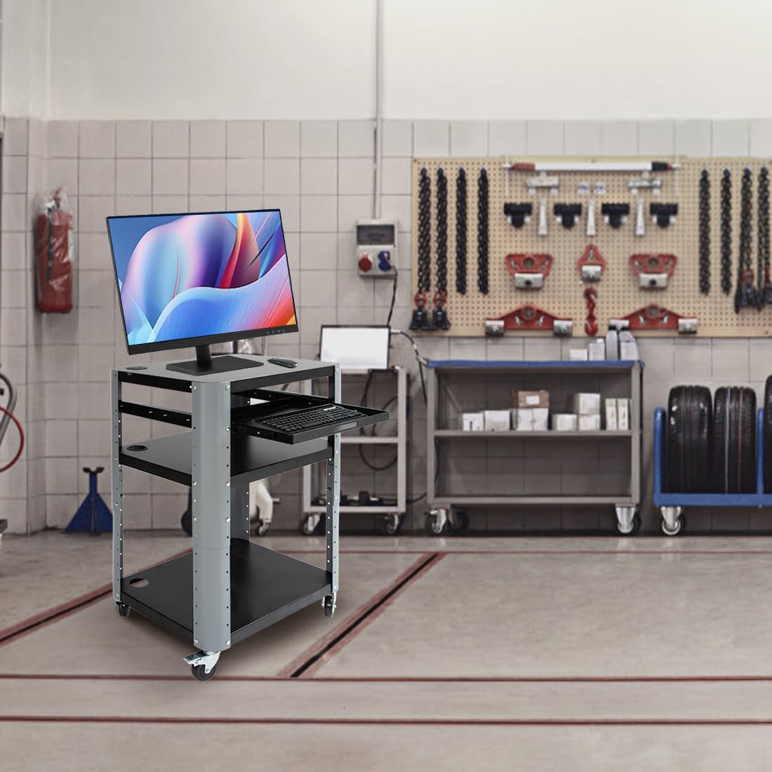 Carrito de 3 niveles con ruedas, estación de trabajo móvil con estantes ajustables en altura y bandeja para teclado extensible, capacidad de carga de hasta 130 kg, diseño desmontable, color