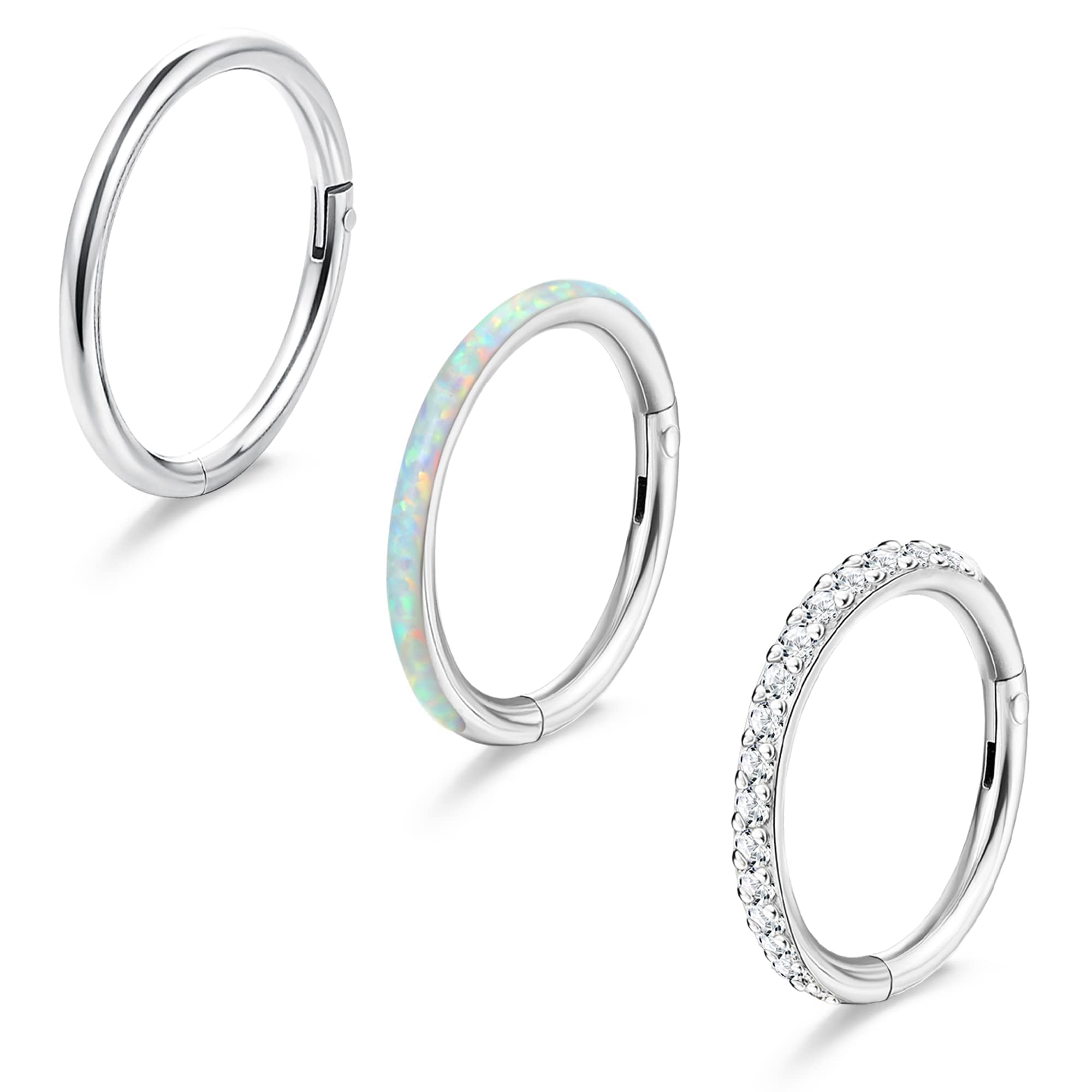 Diamday 3PCS G23 Titanio Aros Nariz Mujer Con Bisagras Para Tabique 18g 16g Circonita Cúbica Opalo Segmento De Tabique Labio Nariz Trago Hélice Cartílago Concha Torre Daith Piercing Joyería