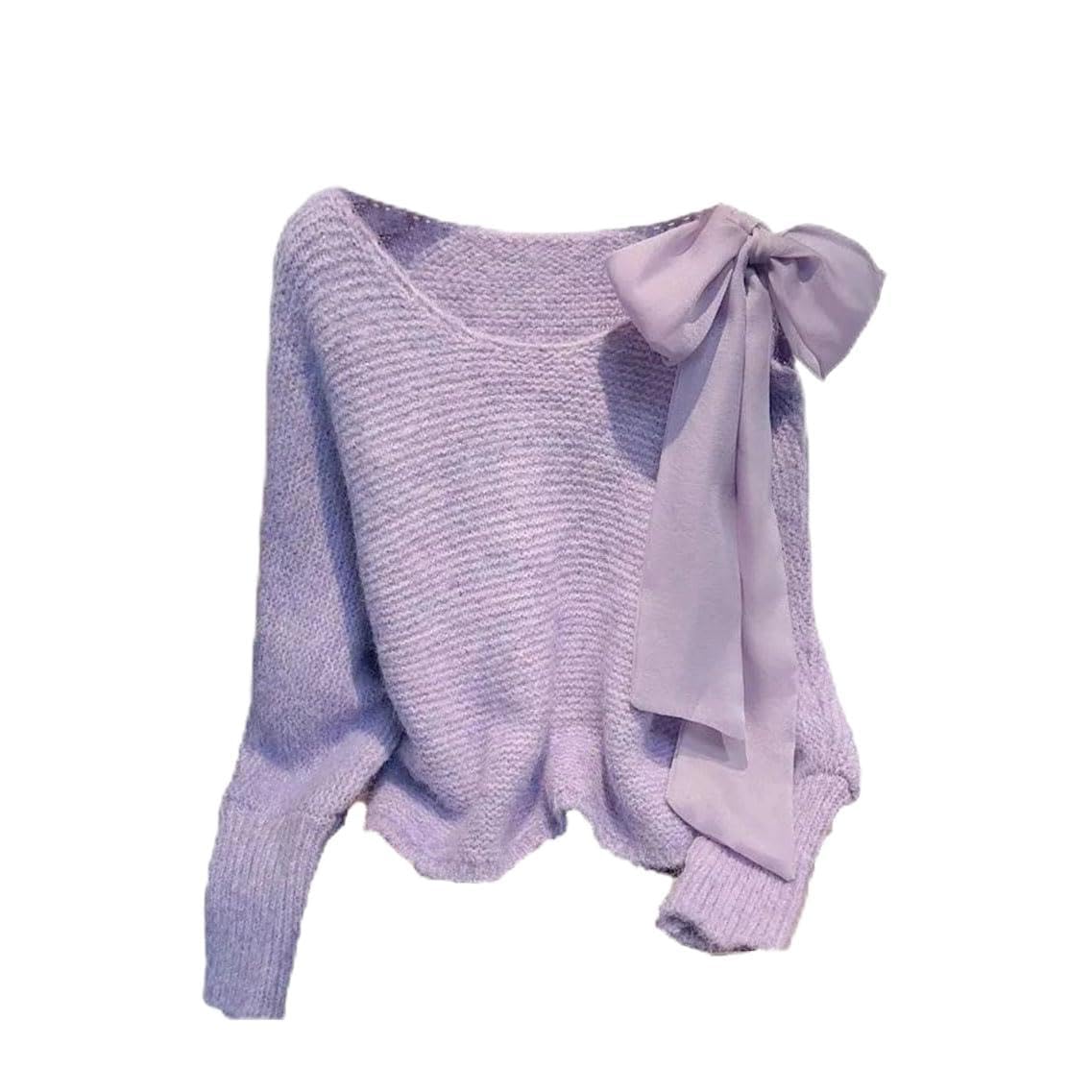 Womens Knitted Sweater Lace Bow Winter Loose Top Crew Neck Long Sleeve Pullover Jumper