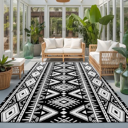 Vintage Black Geometric Washable Living Room Rugs 8'x10', Tribal Boho