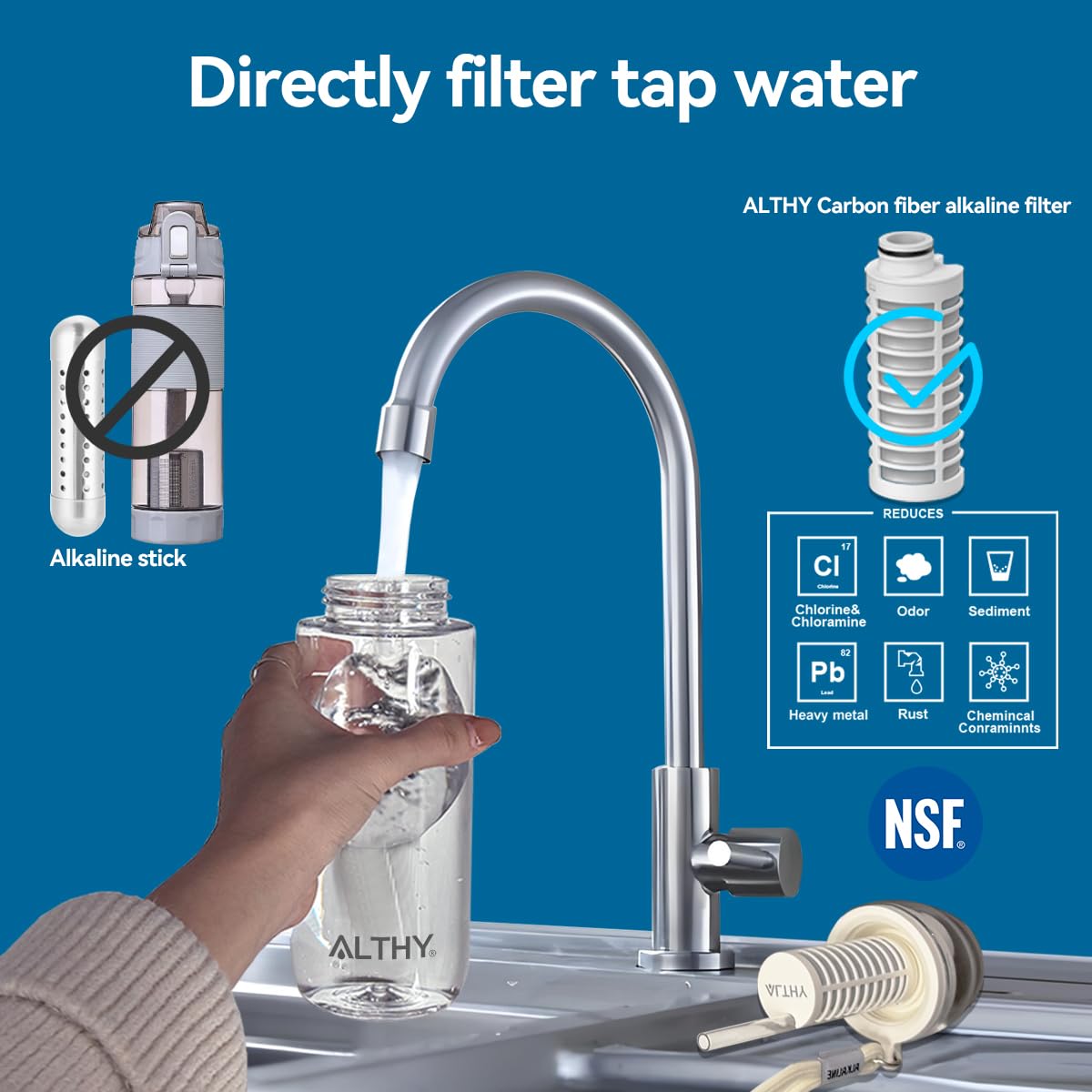 ALTHY Alcalino Borraccia con filtro, Acqua Alcalina Fino a pH 9,5, Minerali ed Elettroliti Aggiunti, Sistema Composto di Alcalinizzazione e Filtrazione, Senza BPA, 500 ml, 3 Filtri Inclusi