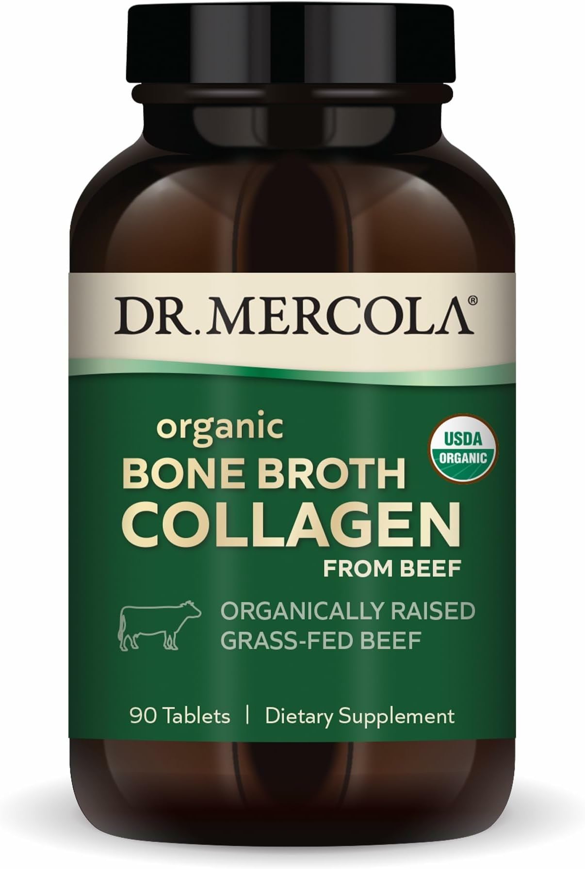 Dr. Mercola Organic Bone Broth Collagen – Organically Raised Grass-Fed Beef – Dietary Supplement – Supports Bone and Joint Comfort – USDA Organic, Non-GMO – 30 Servings (90 Tablets)