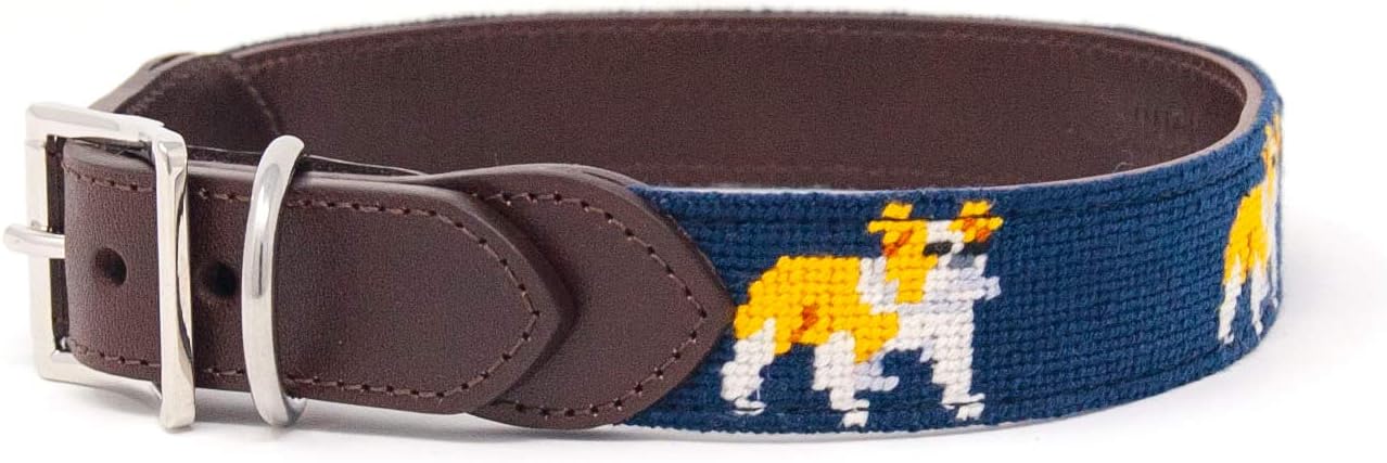 Huck Venture Bulldog Dog Needlepoint Dog Collar w/Full-Grain Leather Backing and High-Grade Stainless Steel Hardware (Bulldog, Medium)
