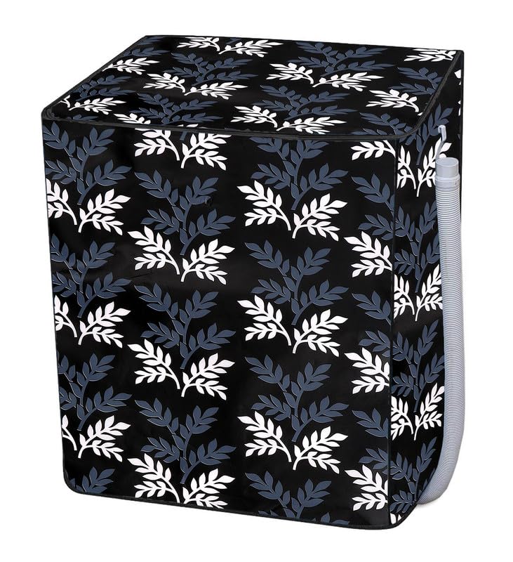 Image of PVC Printed Semi Automatic Washing Machine Cover Compatible For Samsung, Lg, Whirlpool 6Kg, 6.2Kg, 6.5Kg, 7Kg, 7.2Kg, 7.5Kg, 8kg, 8.5kg | Waterproof & Dustproof Cover, Black leaf.