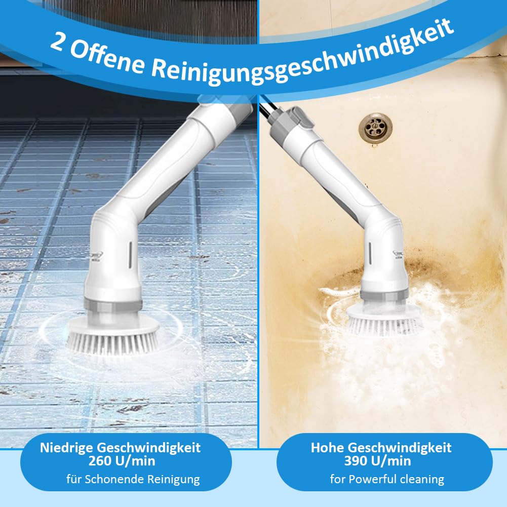 Cepillo de Limpieza Eléctrico Giratorio, 3 Cabezales de Cepillo, 1 Cabezal de Esponja, Mango Largo, IPX65 Resistente al Agua