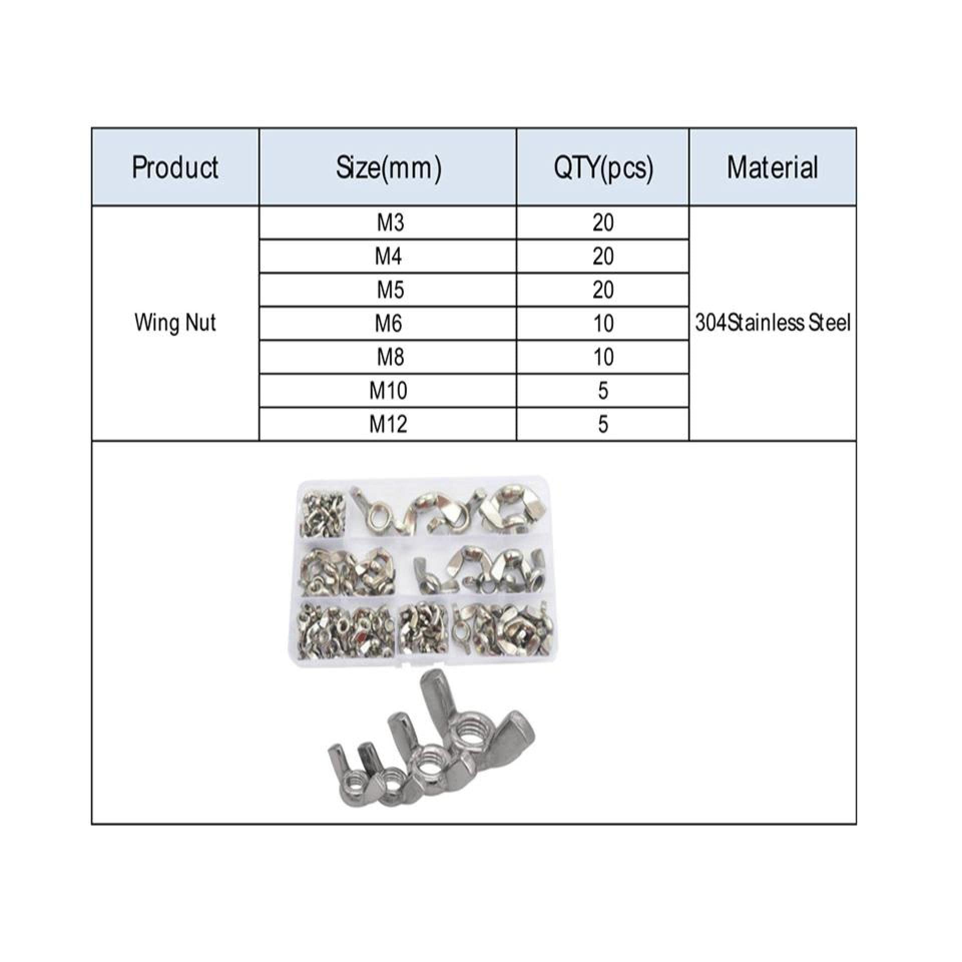 Flügelmuttern, Befestigungselemente, 90-teiliges Flügelmuttern-Sortiment M3, M4, M5, M6, M8, M10, M12, Flügelmuttern aus Edelstahl 304, Schmetterlingsmuttern