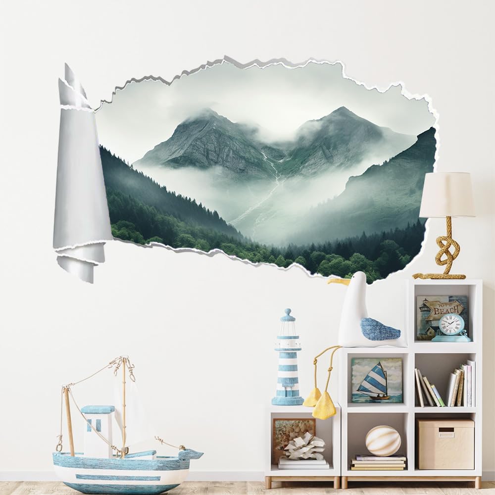 3D Wandaufkleber, Bergnebel Durchbruch Wandtattoos Deko Wand Selbstklebend Waldbäume, Wand Aufkleber Wanddurchbruch Wandsticker für Zuhause, Schlafzimmer, Wohnzimmer
