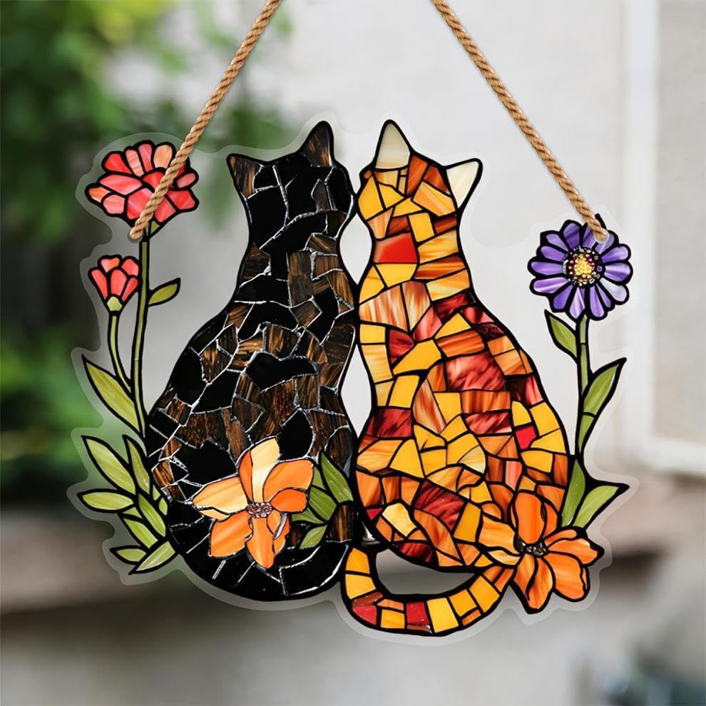 Friendship Cats Stained Window Hanging Ornament, Garden Cats Stained Acrylic Double-Sided Printed Window Panel, Great Gift for Mom Grandma and Animal Lover for Birthday Mother's Day or Housewarming