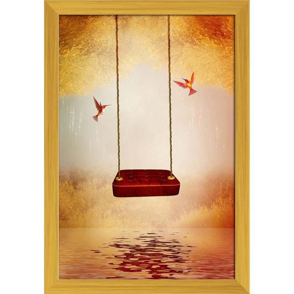 ArtzFolio Red Hammock & Hummingbird | Paper Wall Poster Golden Frame with Acrylic Glass | 13 x 19 inch (33 x 48 cms)