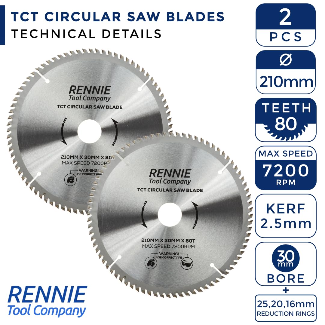 Confezione da 2) 210 mm x 30 mm foro x 80 T TCT lame circolari per legno include anelli di riduzione 16 mm 20 mm e 25 mm