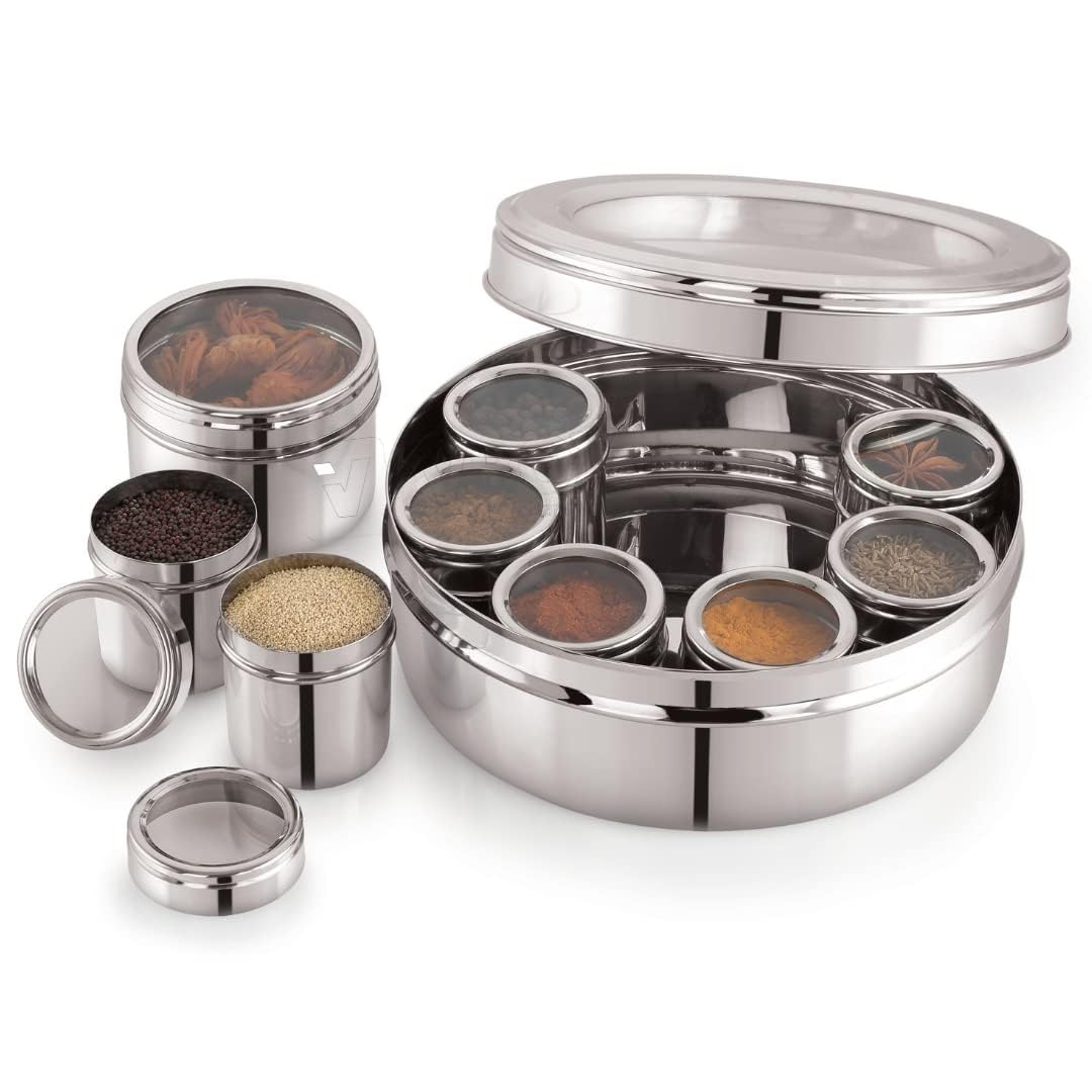 Escrow 9 in 1 Stainless Steel Masala Dani/Spice box for Kitchen,Masale dabba with 9 Containers individual Lids, Masaliyu/Anjarai petti 22.5cm Dia, 2500ML, (BIG SIZE,Silver)