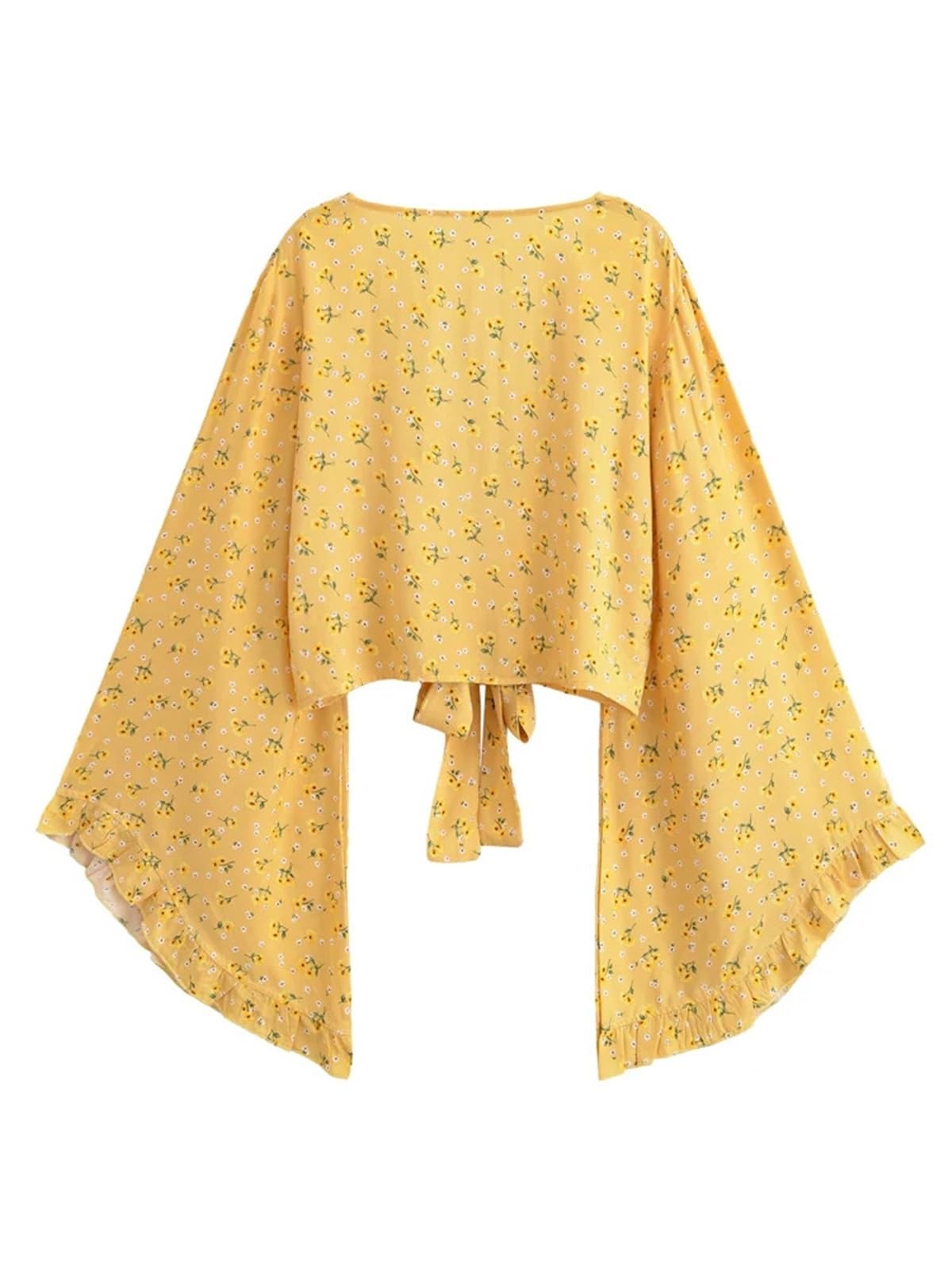 Generisch Vintage Żółte kwiaty damski kostium kąpielowy Cover-Up Beach Lato Krótkie falbanki Flare Rękawy Urlop Rayon S/M/L