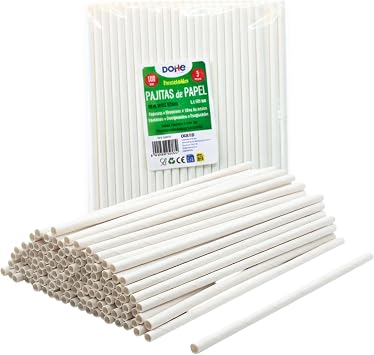 Dohe Horeca - Biodegradable Paper Straws 100 pcs. - White Colour, Large Size 20 cm, Recyclable and Durable, for Hot and Cold Drinks, for Parties, Birthdays, Celebrations