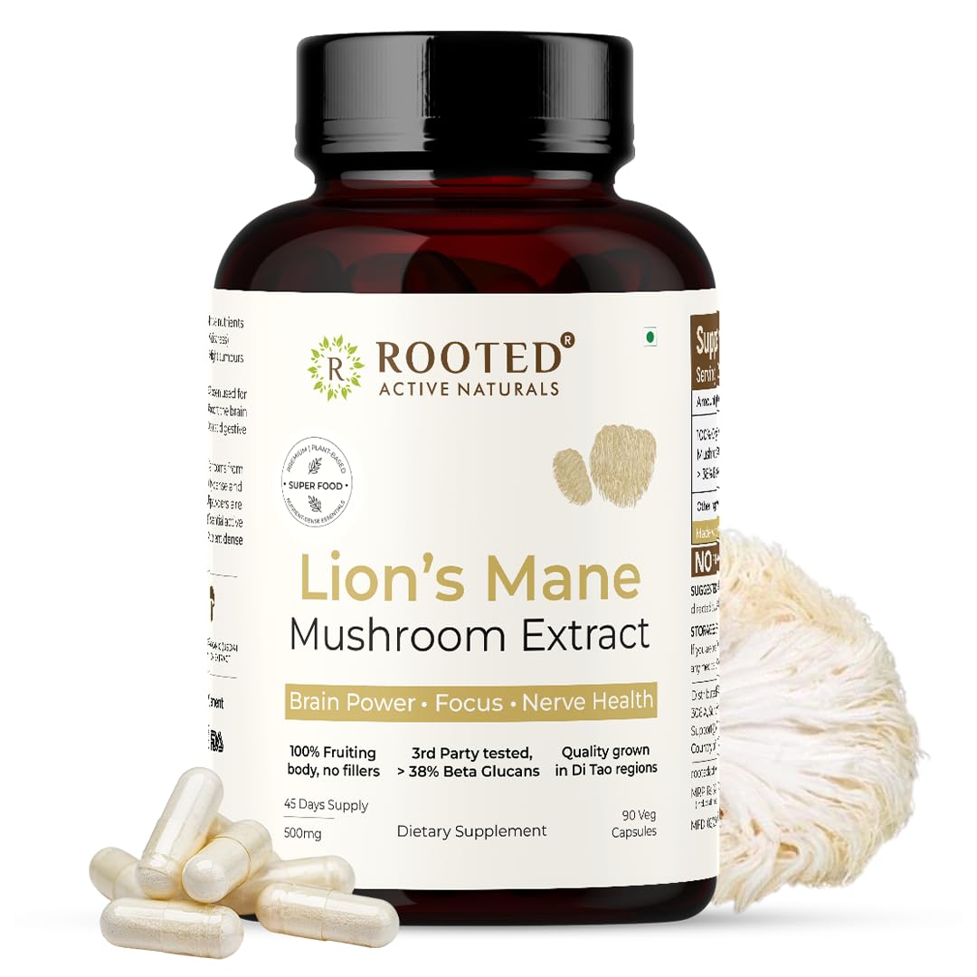 ROOTED USDA Organic Lions Mane Mushroom Extract Capsules, 38% Beta Glucan(90 Counts)