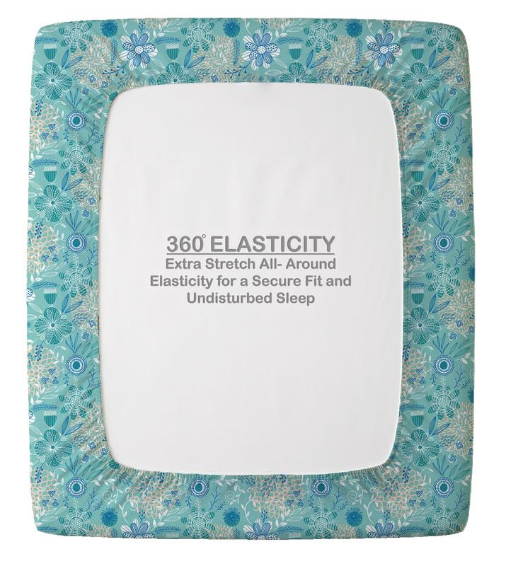Image of Welspun ENZO Queen Size Fitted Bedsheet with 2 Pillow Covers | 360 Elastic | 100% Pure Cotton | 60 x 78 Inches | Soft, Breathable, Lightweight & Easy Care | Light Aqua