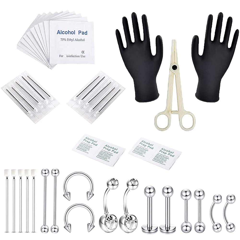 20PCS Professional Piercing Kit Stainless Steel 14G 16G Belly Ring Tongue Tragus Nipple Lip Nose Jewelry Sterile Belly Body Ring Needle Sets Cartilage Tools Body Jewelry