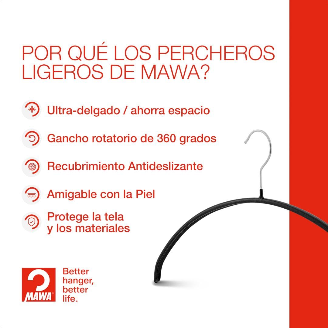 MAWA Perchas, Set de 25 Perchas Ahorra Espacio y Antideslizantes, Ideales para Camisetas y Suéteres, Gancho Giratorio 360°, Revestimiento Antideslizante, 40 cm, Negro
