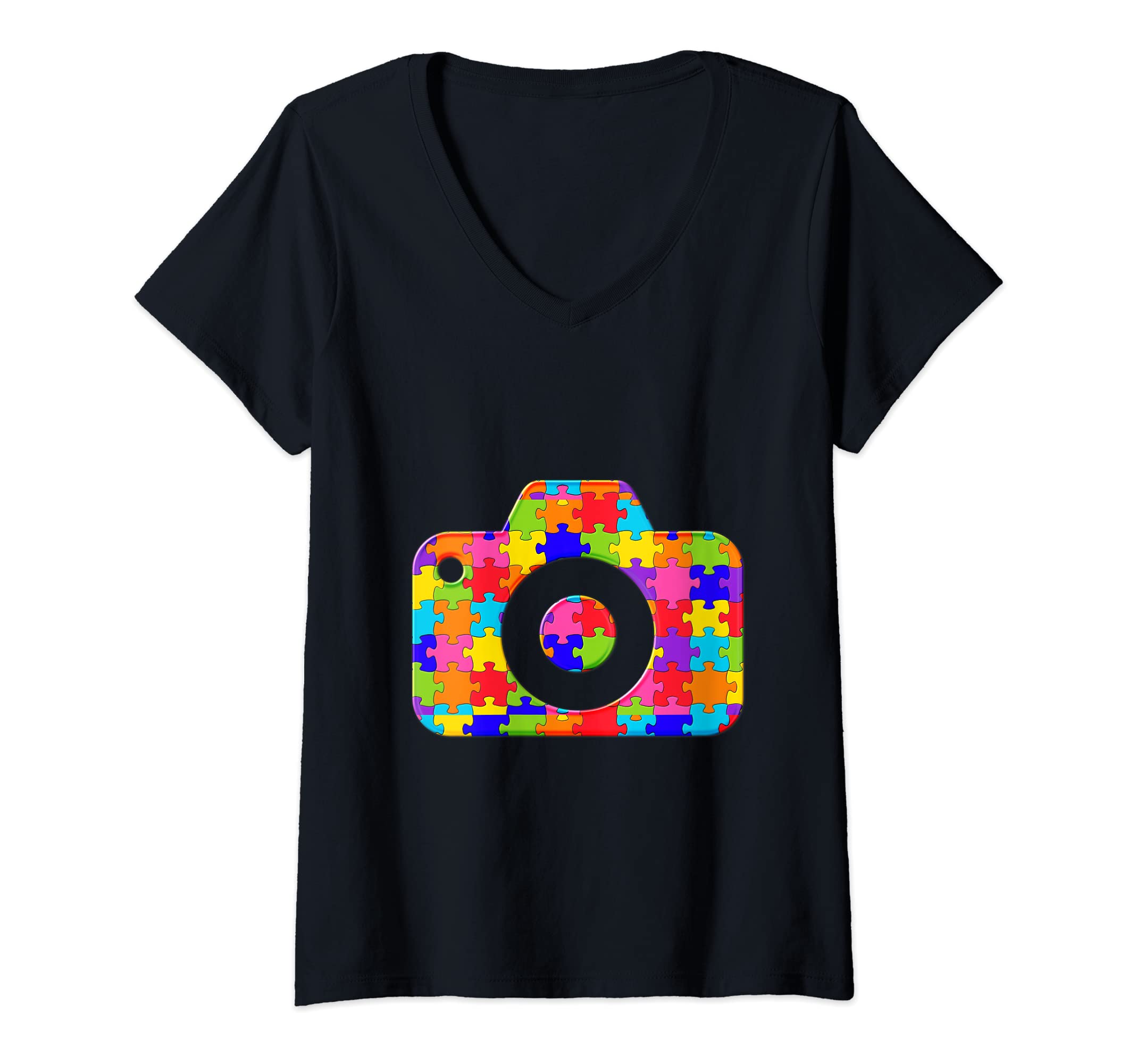 Womens Photographer Camera Jigsaw Autism Puzzle V-Neck T-Shirt