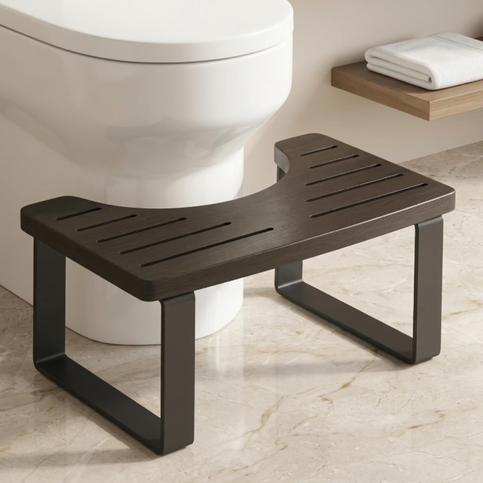 predolo Sgabello Bagno Poggiapiedi Sedia Pedana WC con Top Bambù Curvo Base Metallo Stabile Profilo Sottile Salvaspazio Scanalature Lunghe Foro Centrale per, Nero