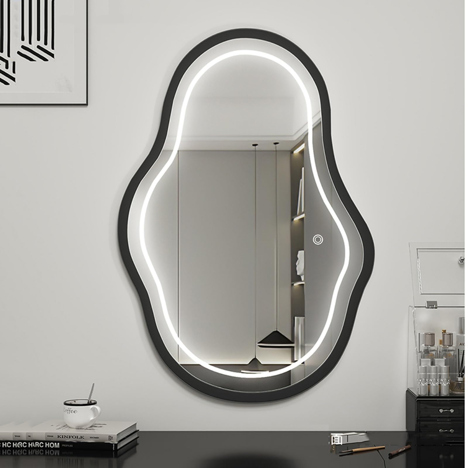 NOIRDA Espejo asimétrico Irregular con luz LED de 40 x 60 cm y 50 x 70 cm, Espejo de Pared con Marco, Espejo de tocador Regulable en 3 Colores para baño, Dormitorio y guardarropa(40x60cm/15.7x23.6in)