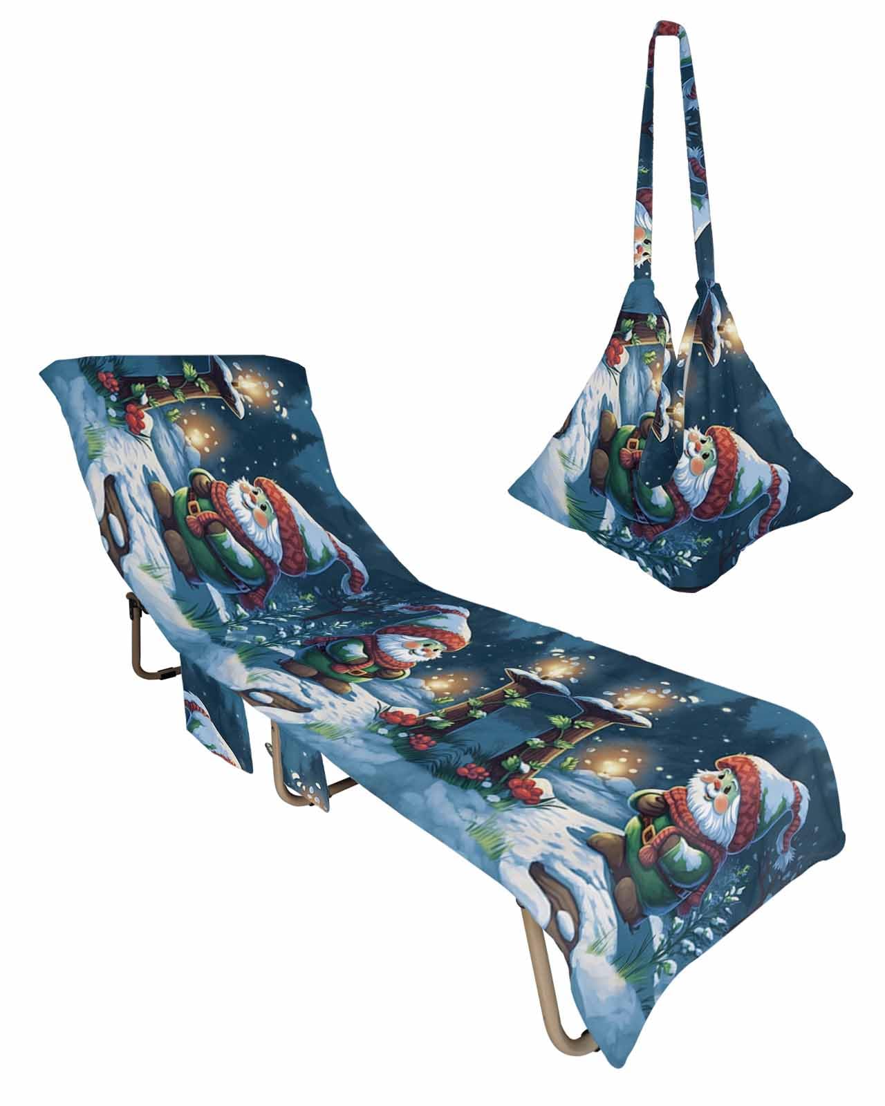 Christmas Gnomes, Beach Lounge Chair Towel Cover, Soft Chaise Lounge Towel with Side Pockets Patio Pool Chairs Cover for Beach/Pool Sunbathing 29x85 Winter Snowy Dwarf Plaid Tree