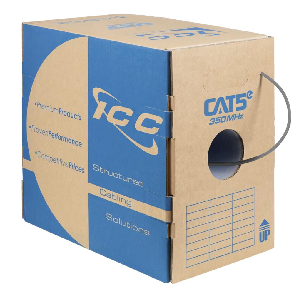ICC Cat5e CMR Riser 1000ft - UTP 24AWG, 100% Solid Pure Copper, Unshielded, Bulk Ethernet Cable, PoE++, 350MHz, Reelex Pull Box, UL Certified, RoHS