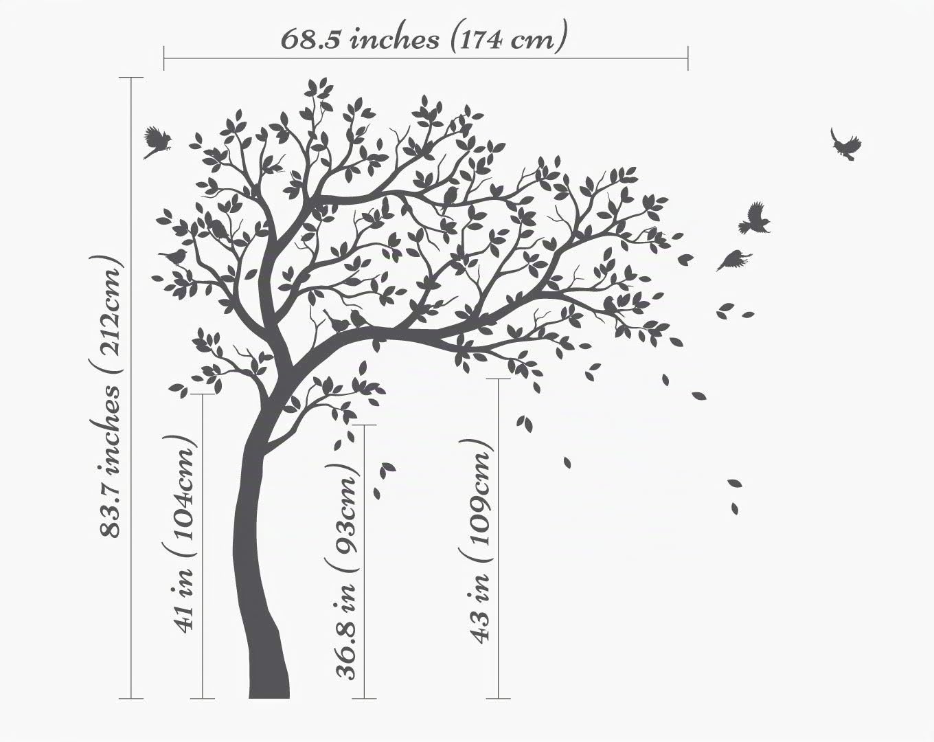 Decalcomanie murali albero grande Vivaio Adesivi albero con uccelli Stupefacente albero Arte Murale Vinile Decorazione murale KW032 (Rami a destra, Tutto bianco)