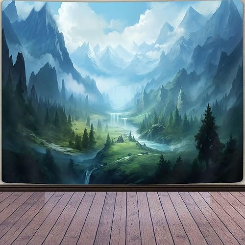 Miniatura 3 de Tapiz de bosque natural, tapiz estético escénico de montaña de bosque verde para dormitorio, paisaje de bosque de hadas, tapiz para colgar en la