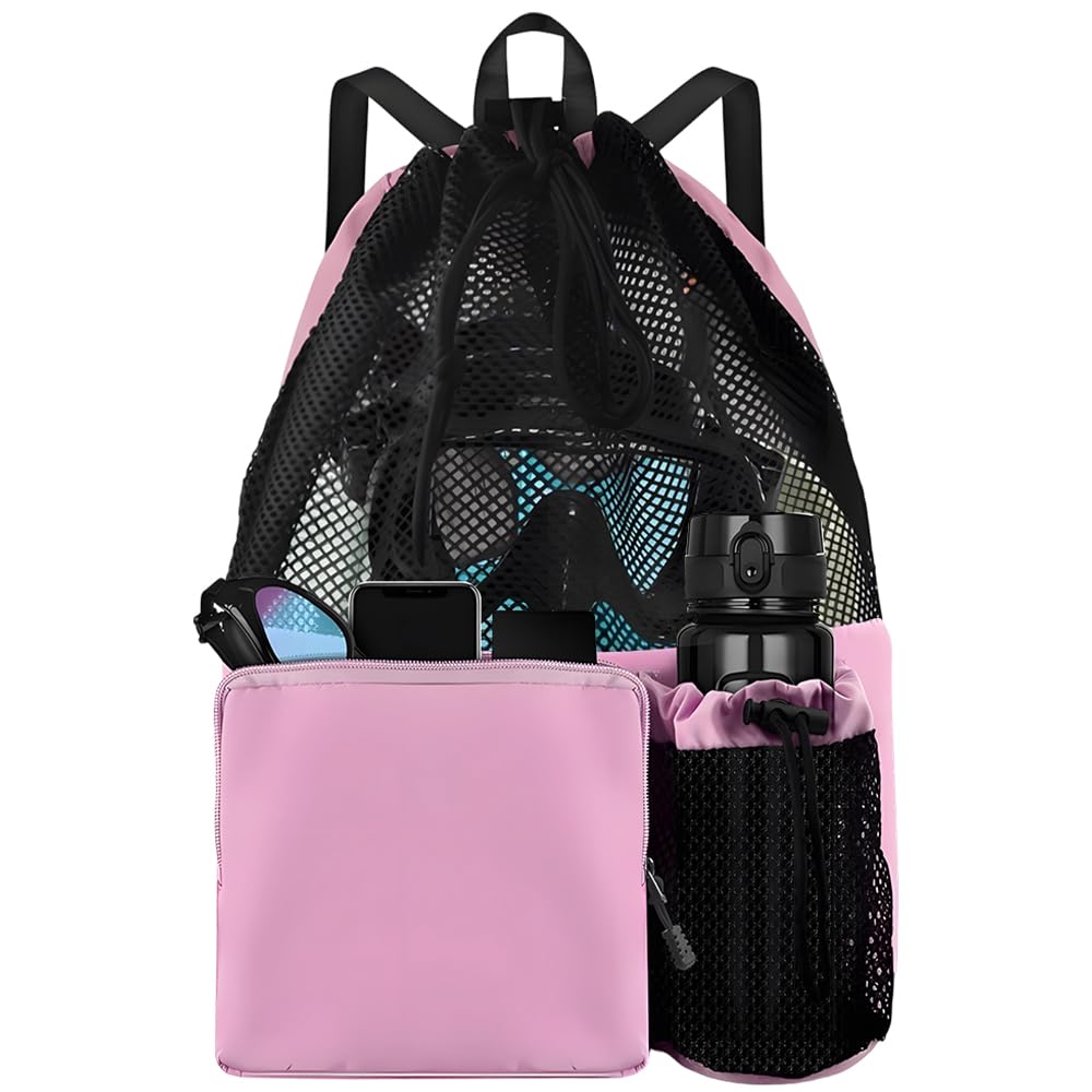 Jonuin Swimming Bag, Drawstring Mesh Swimming Bag, Waterproof Swimming Backpack with Wet Pocket, Swimming Kit Bags for Adults, Kids, Beach, Swimming, Yoga and Gym (Pink)