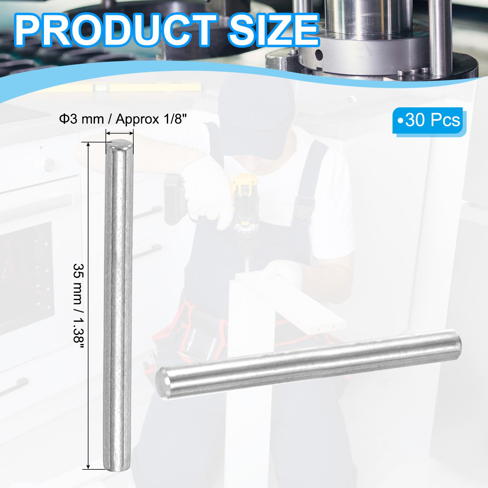 PATIKIL 30 Pcs 304 Stainless Steel Dowel Pins 3x35 mm (1/8" Dia) Metal Shelf Pegs, Silver - Image 2