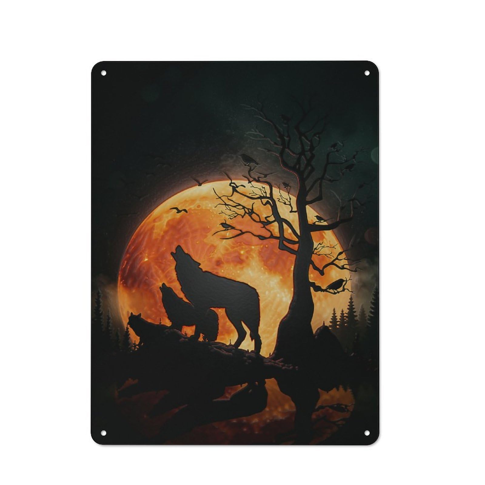 Wolves Howling at A Fiery Moon Retro Metal Sign 40x30cm for Living Room Or Hallway, for Updating Living Room And Hallway after Moving