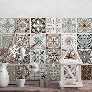 RE-COVERTILES – Tegelstickers Badkamer en Keuken 24 Pcs 10×10 cm – PS00009 Wanddecoratie van PVC Waterbestendig Tegels Mozaïek Cementtegels in Azulejos-stijl