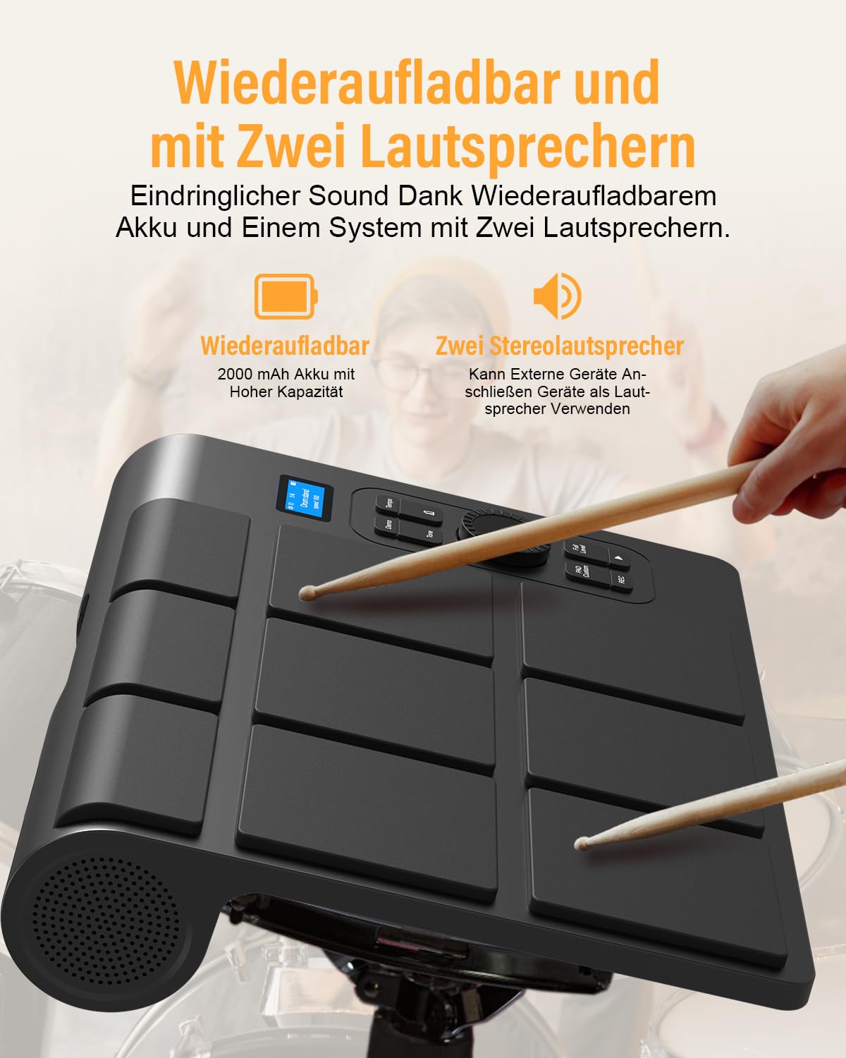 Batterie électronique 9 pads avec LCD, deux haut-parleurs stéréo et pédales | Set de batterie portable pour débutants et professionnels | Compatible avec Bluetooth MIDI | Idéal pour la maison
