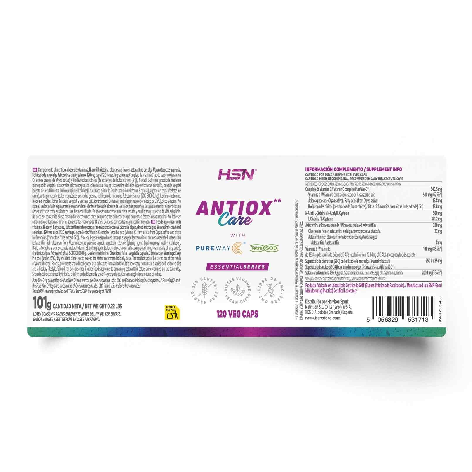 HSN Antiox Care* | 120 Cápsulas Vegetales | Antioxidante Completo: Vitamina E Vitamina C PureWay-C® Astaxantina microencapsulada Tetra-SOD® Selenio | Sin Gluten y Apto Vegano