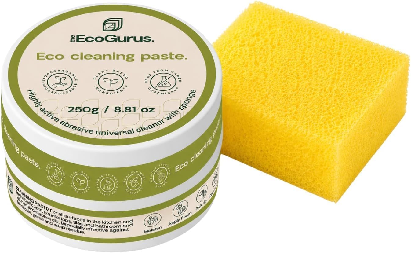 Eco Cleaning Paste with Sponge | Removes Limescale, Grease & Stains Fast | Natural Multipurpose Hard Surface Cleaner | Stainless Steel, Tiles, Walls & Shower | 250g