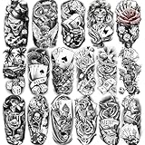 77 Sheets Temporary Tattoos, 17 Sheets Half Arm Lion Clown Flower Skeleton Car Flower Heart Poker for Adults Shoulder Neck, 60 Sheets Tiny Fake Tattoo Sticker for Teen Men Women Body Art