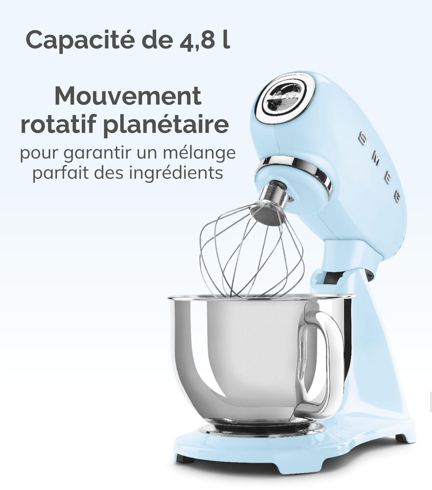 Smeg, Robot Pâtissier SMF03CREU, 10 Niveaux de Vitesse, Fonction Mise en Marche Progressive, Bol 4,8 L, Verrouillage Moteur de Sécurité, 3 Batteurs, Crochet et Couvercle Fournis, 800W, Crème