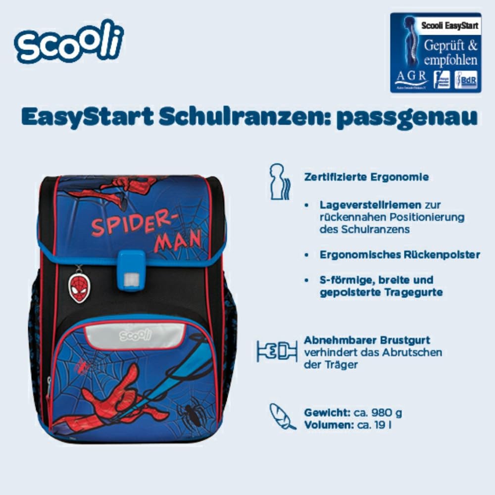 Scooli Schulranzen 1.Klasse Jungen EasyStart Schulranzen-Set "geeignet für Spiderman-Fans" (12tlg. mit Sporttasche, Brotdose, Trinkflasche, Stifteköcher, passend Geldbörse, Platzdeckchen, Schultüte)