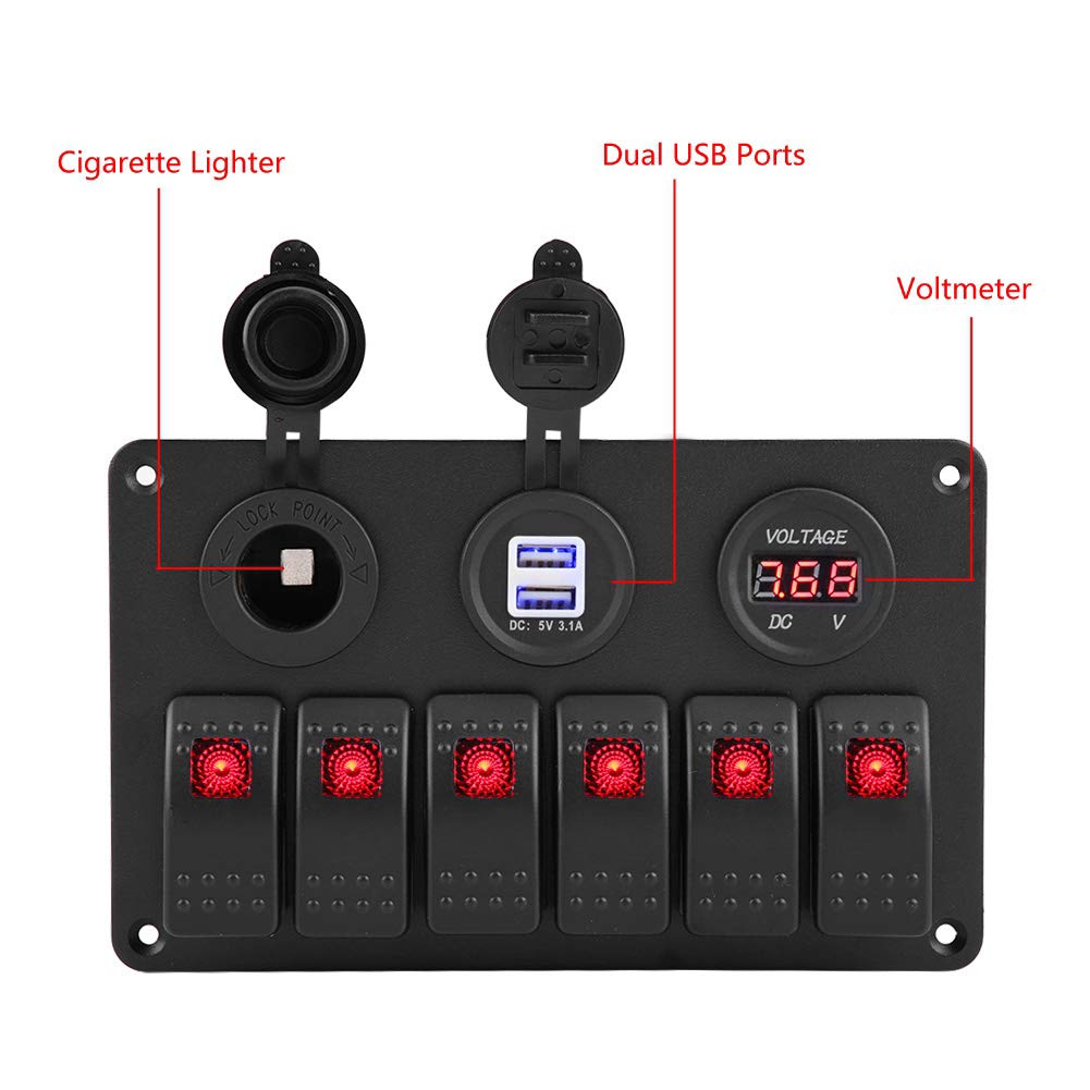 Interruttore a bilanciere, 12V 24V 6 Gang Car Boat Marine LED Interruttore a bilanciere Pannello Doppio USB Voltmetro Accendisigari(Rosso)