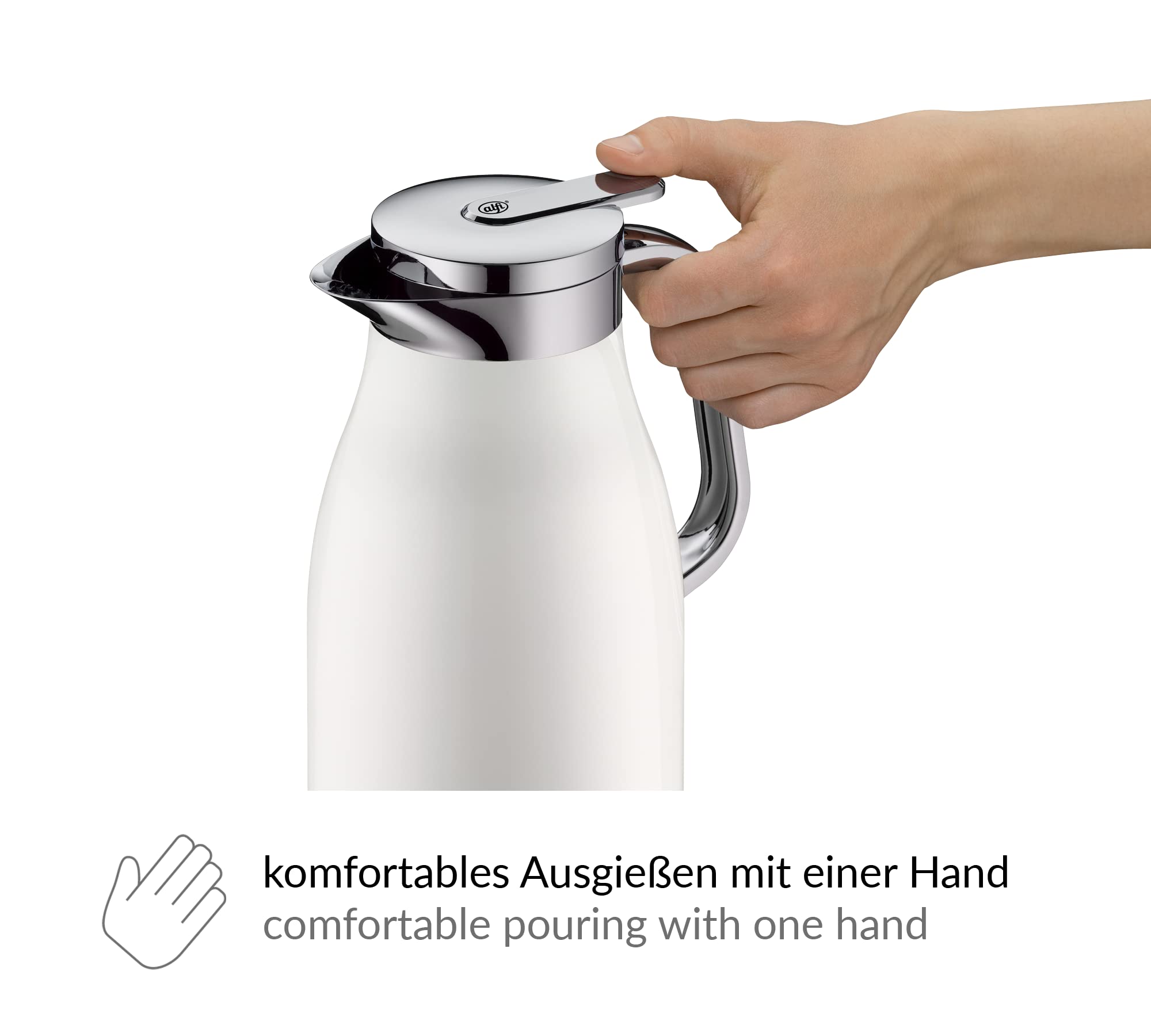alfi SKYLINE 1,5 l, jarra isotérmica de acero inoxidable con inserción higiénica de vidrio duro, tapón de rosca con cómodo pulsador, mango ergonómico a una mano, ideal como jarra de café o té, sin BPA