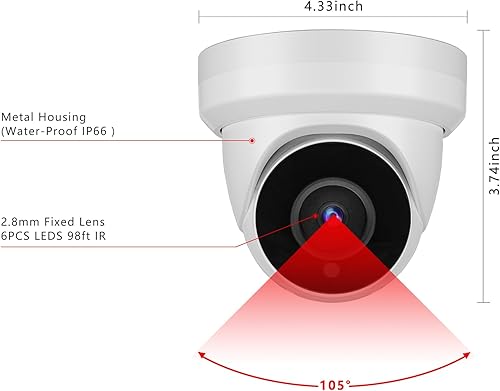 Miniatura 5 de Cámara de seguridad de 5MP 4 en 1 TVICVIAHDCVBS 960H Cámara CCTV analógica Cúpula de seguridad al aire libre, lente de 0.110 in, gran angular de