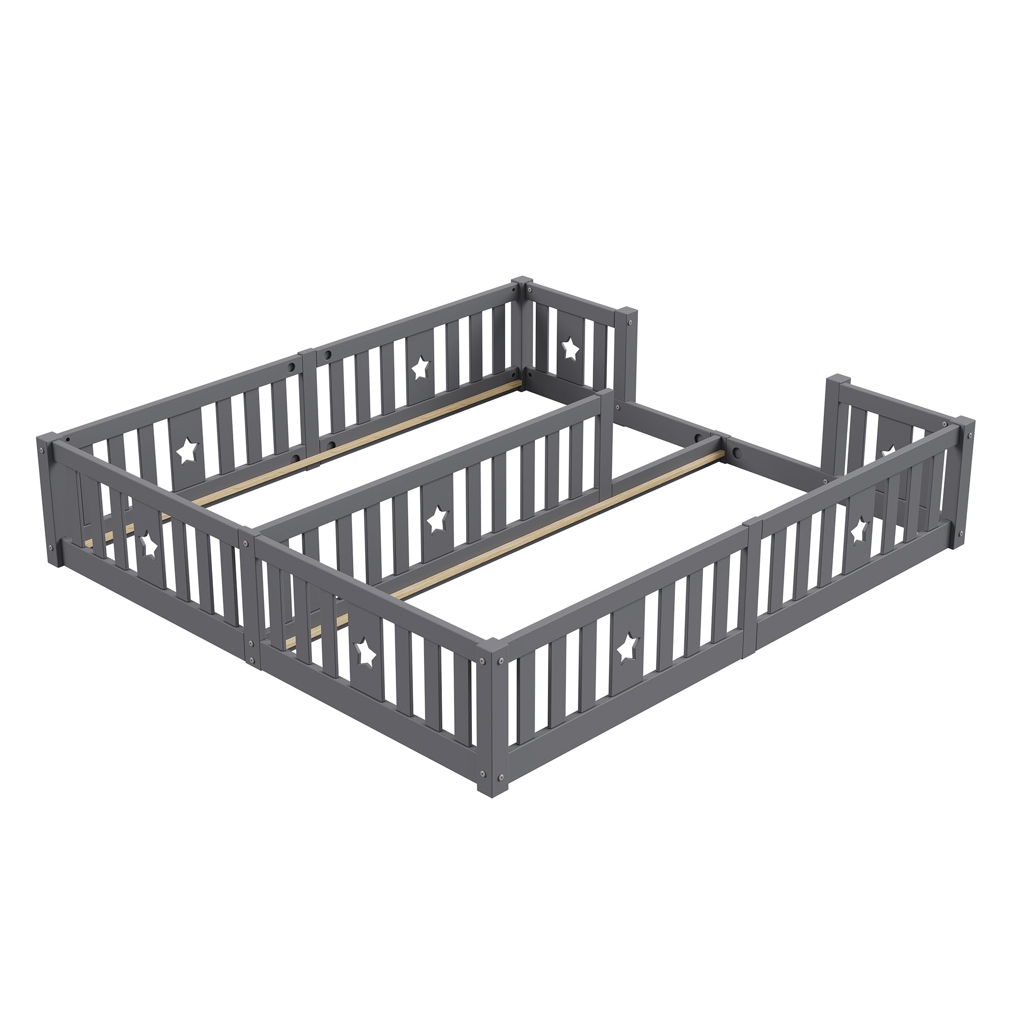 Lit de sol 180x200 cm pour 2 enfants, lit double avec lit de sécurité, lit de sol 90x200, lit Montessori pour enfants frères (Gris-B02, sans sommier à lattes, 180x200)